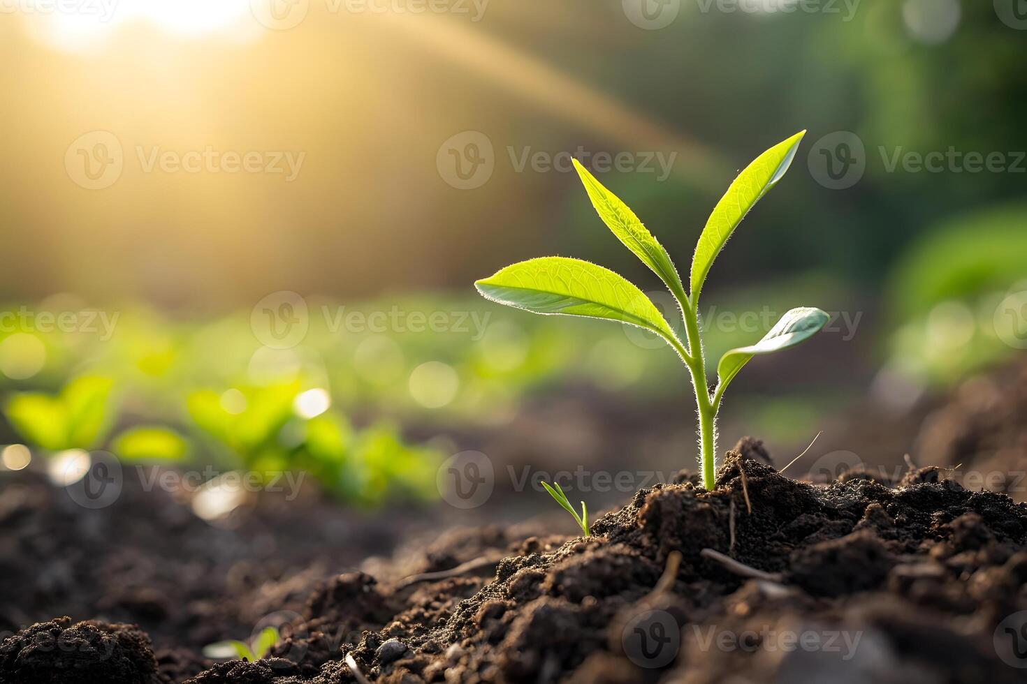 A young plant sprouting from the ground in a field photo