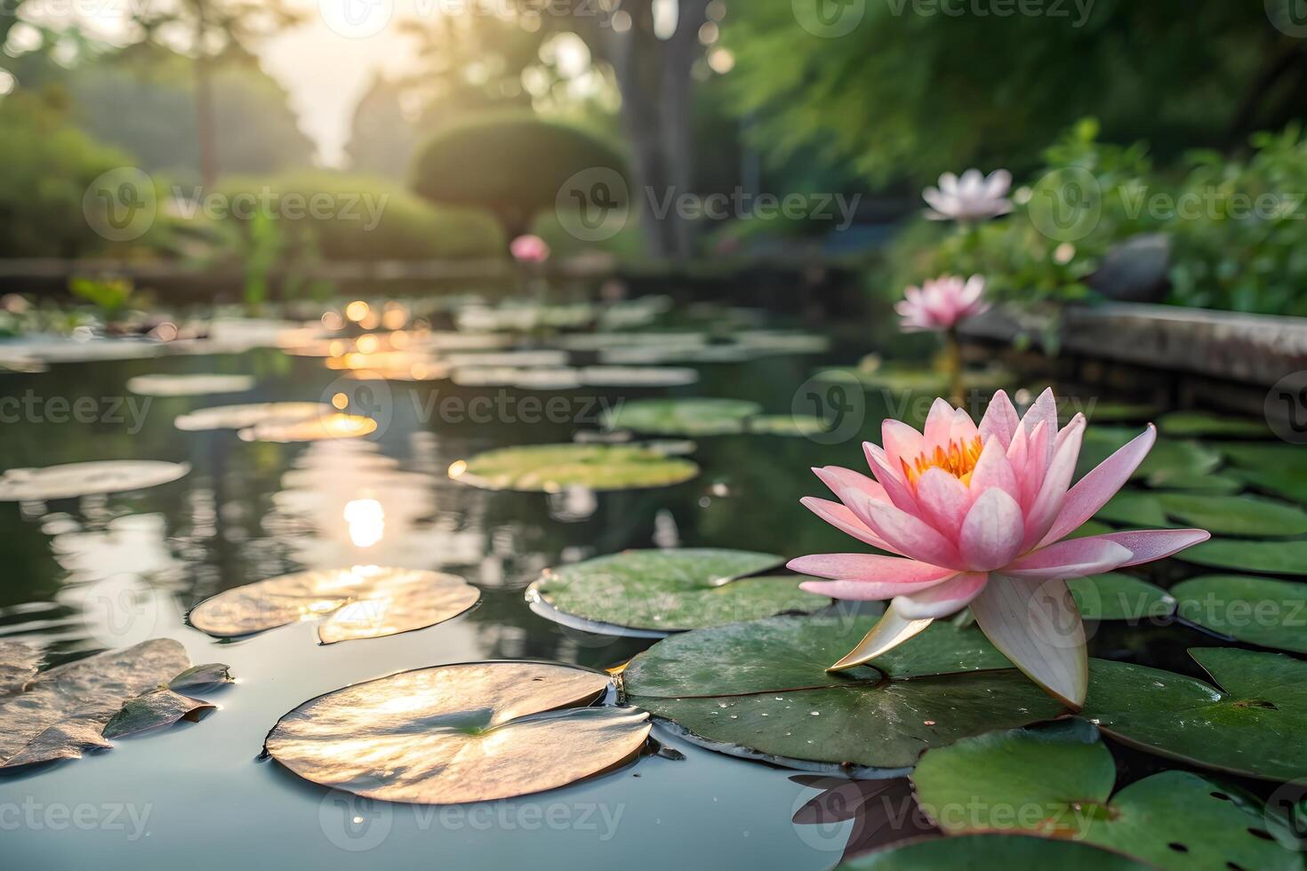 Pink lotus flower in the pond at sunrise photo