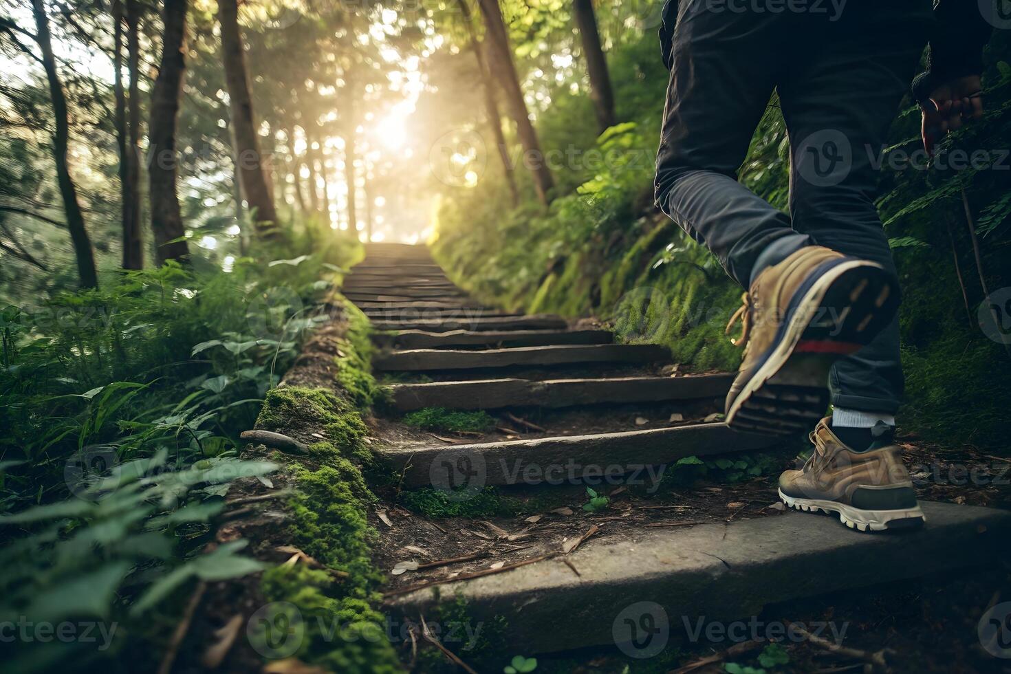 A person walking up a set of stairs in the woods photo