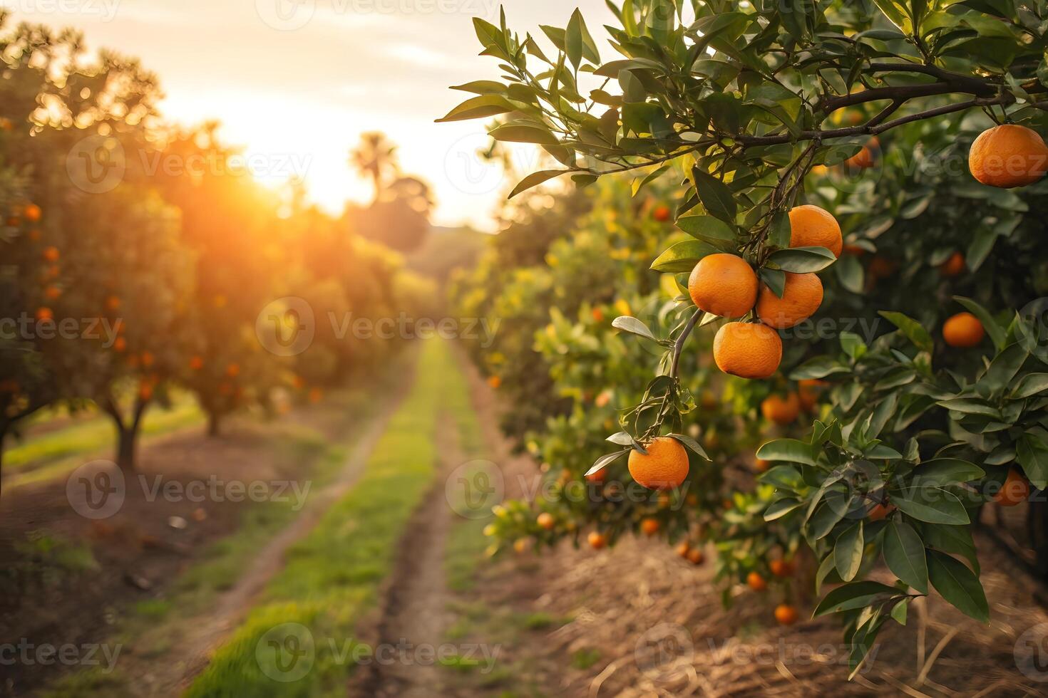 Orange grove with orange fruit on tree at sunset photo
