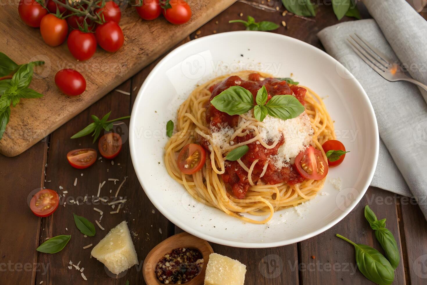 Italian pasta with tomato sauce and basil leaves on a wooden table photo