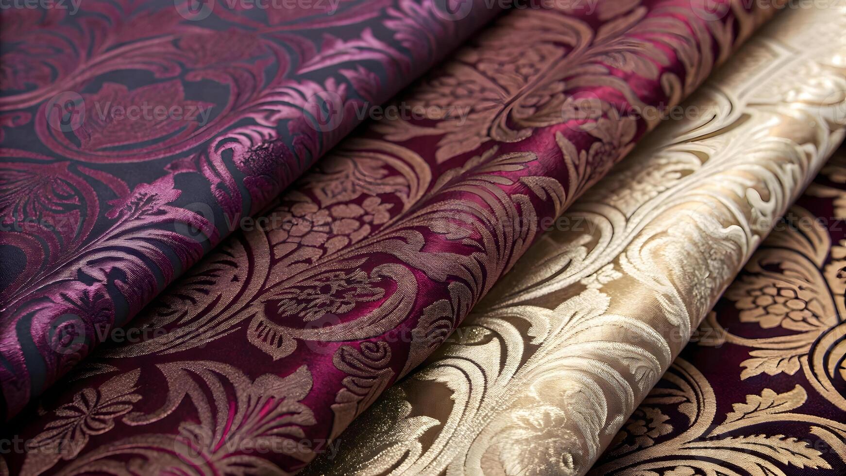 Elegant decorative fabrics with intricate patterns on display in a studio photo