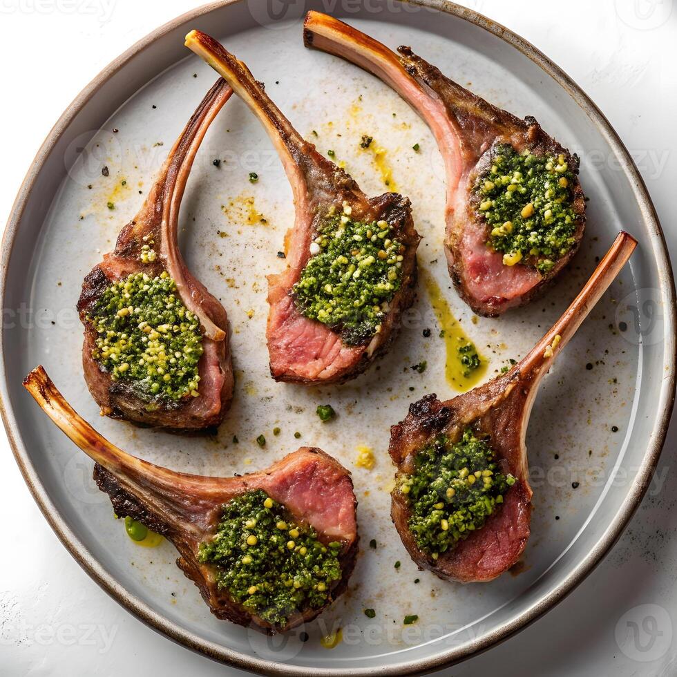 Lamb chops with herb crust served on a stylish plate photo