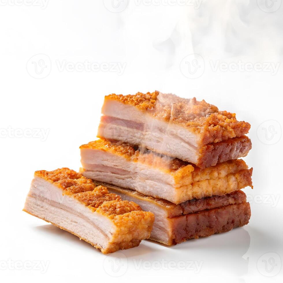 Crispy pork belly stacked on white background showcasing delicious layers photo