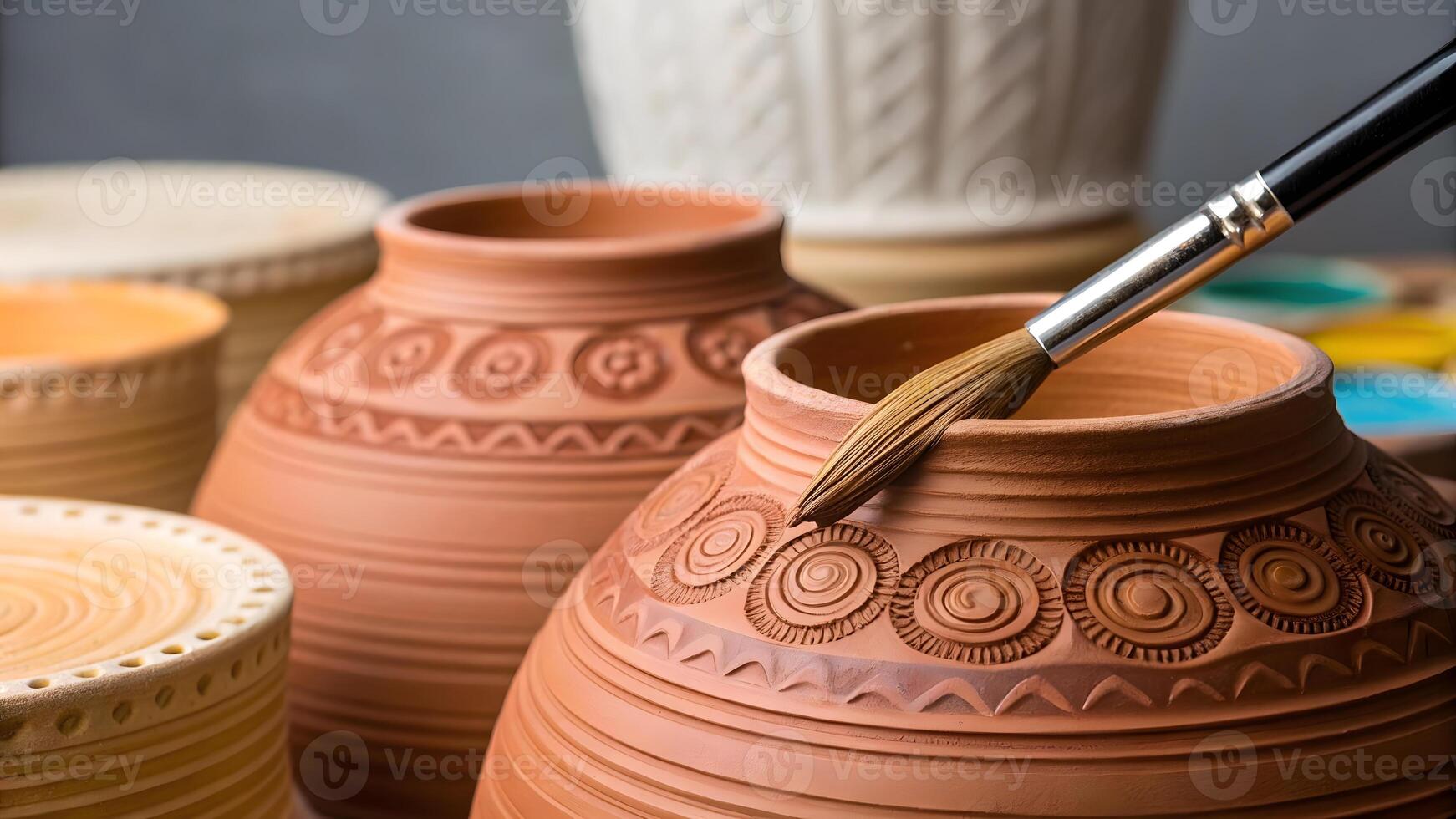 Pottery crafting with intricate designs and tools at a ceramic studio photo
