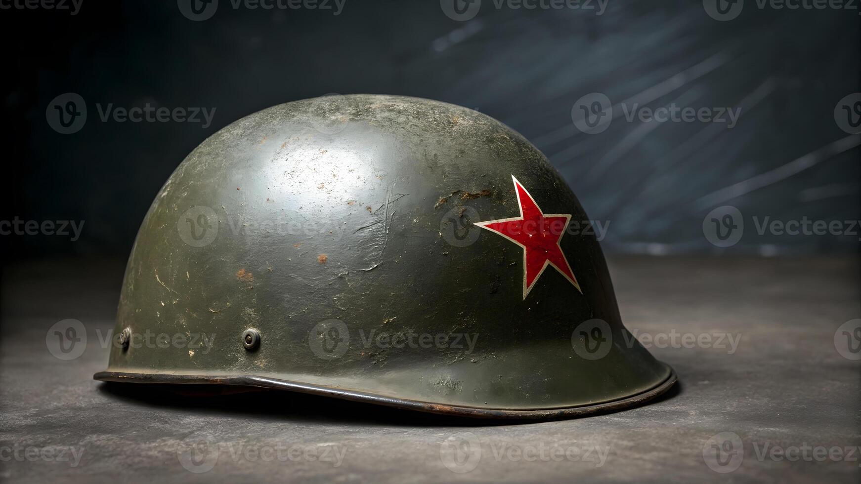 Soviet military helmet with red star emblem on grey background photo