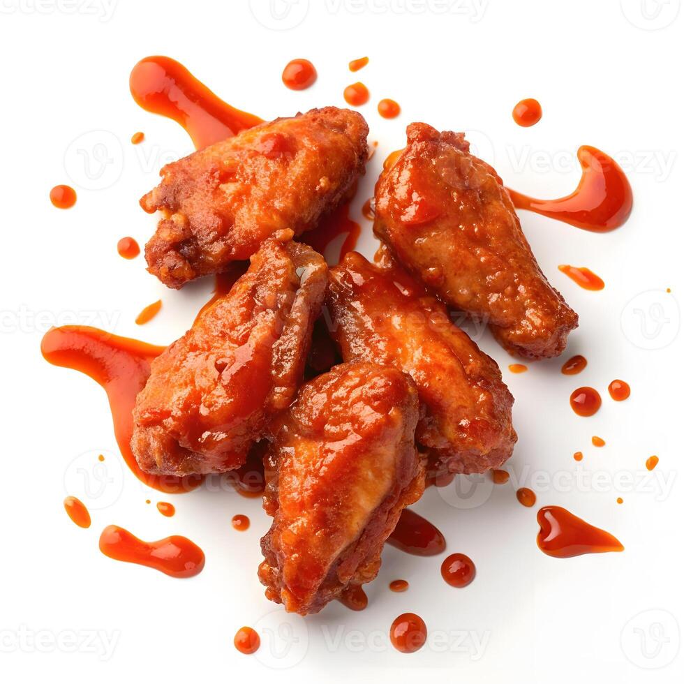 Delicious chicken wings coated in spicy sauce on a clean plate photo