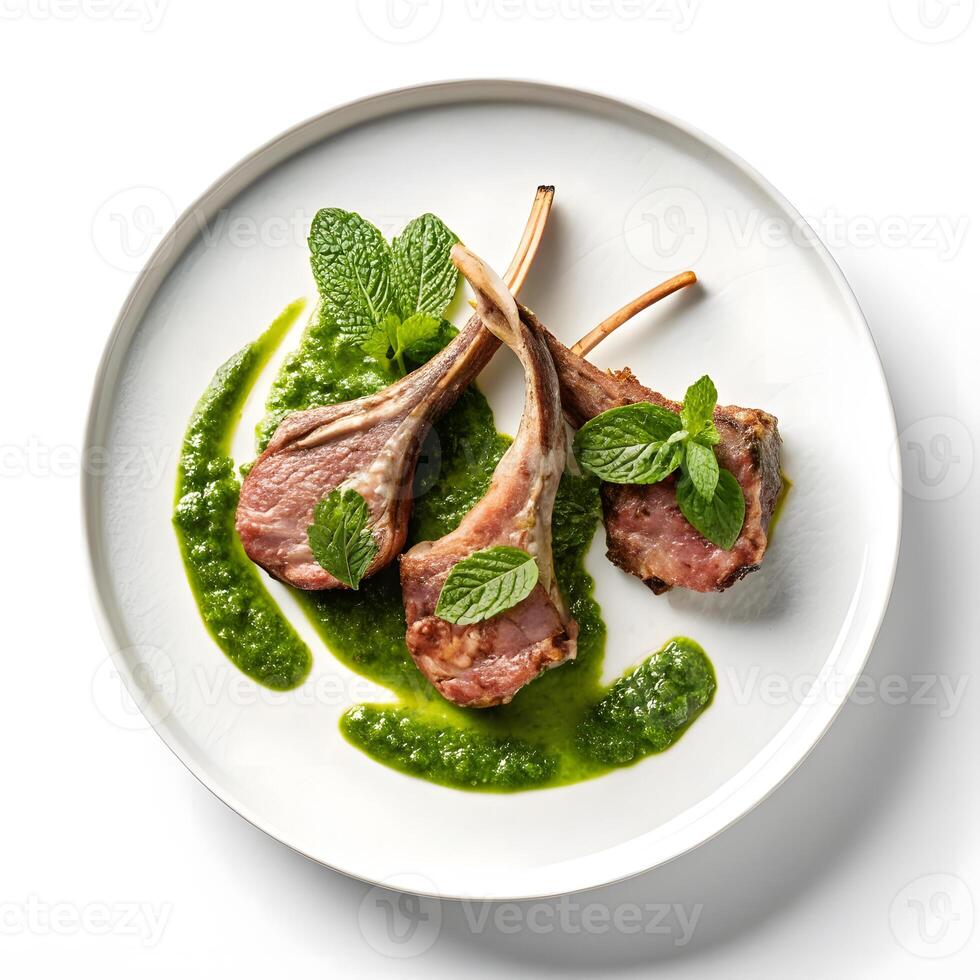 Lamb chops with mint garnish and green sauce on a white plate photo