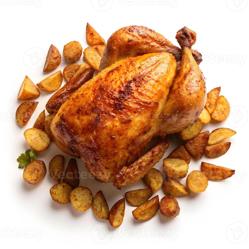 Delicious roasted chicken served with golden, crispy potato wedges photo