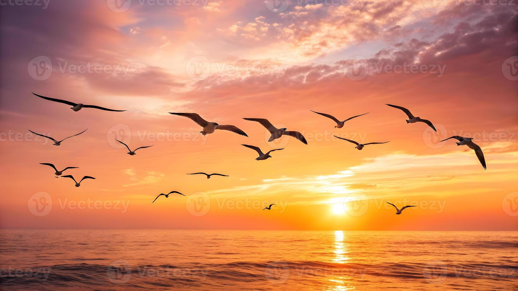 Seagulls flying over ocean during sunset with vibrant clouds in the background photo