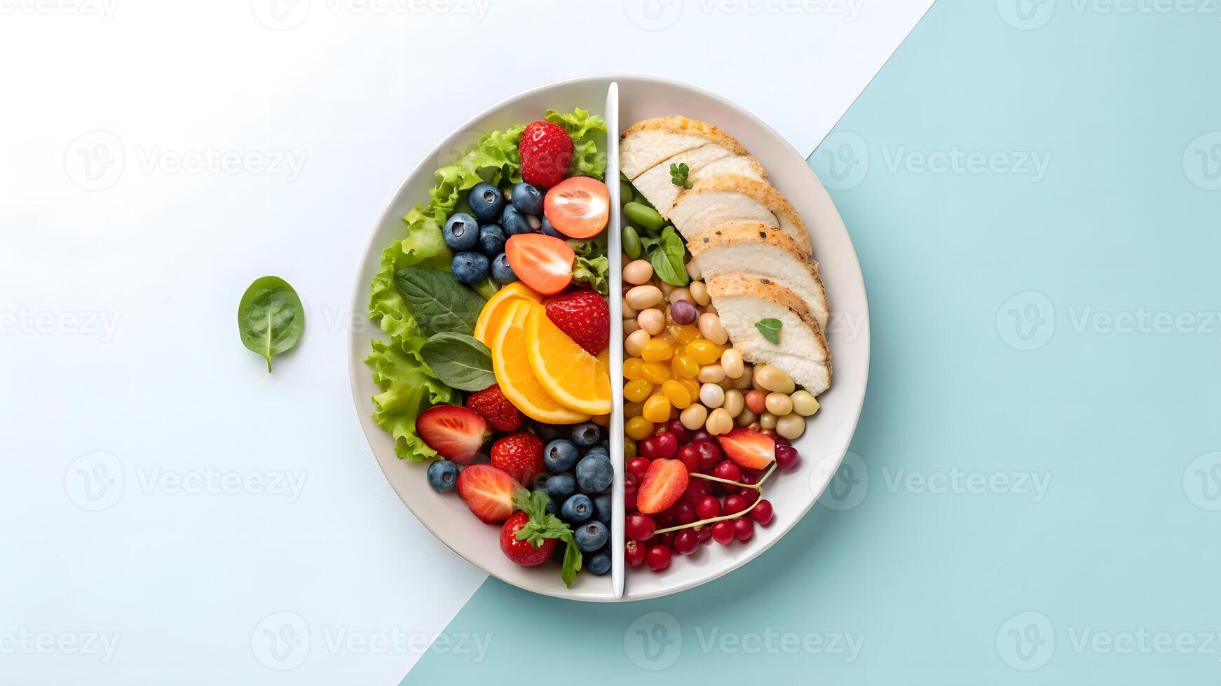 Colorful healthy food plate with chicken and various fruits and vegetables photo