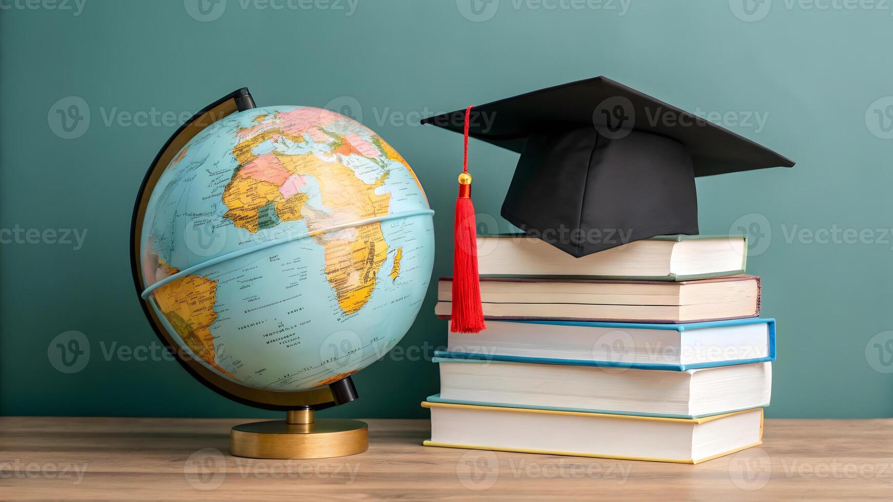 Education symbols with globe and graduation cap on stack of books photo