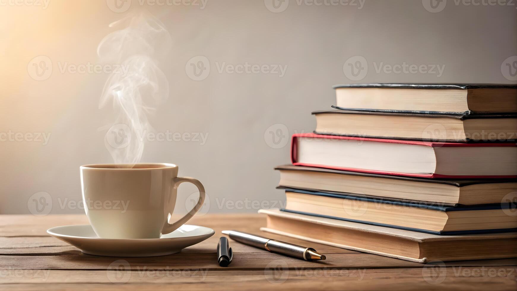 Coffee cup rests beside stacks of books on wooden table in warm lighting photo