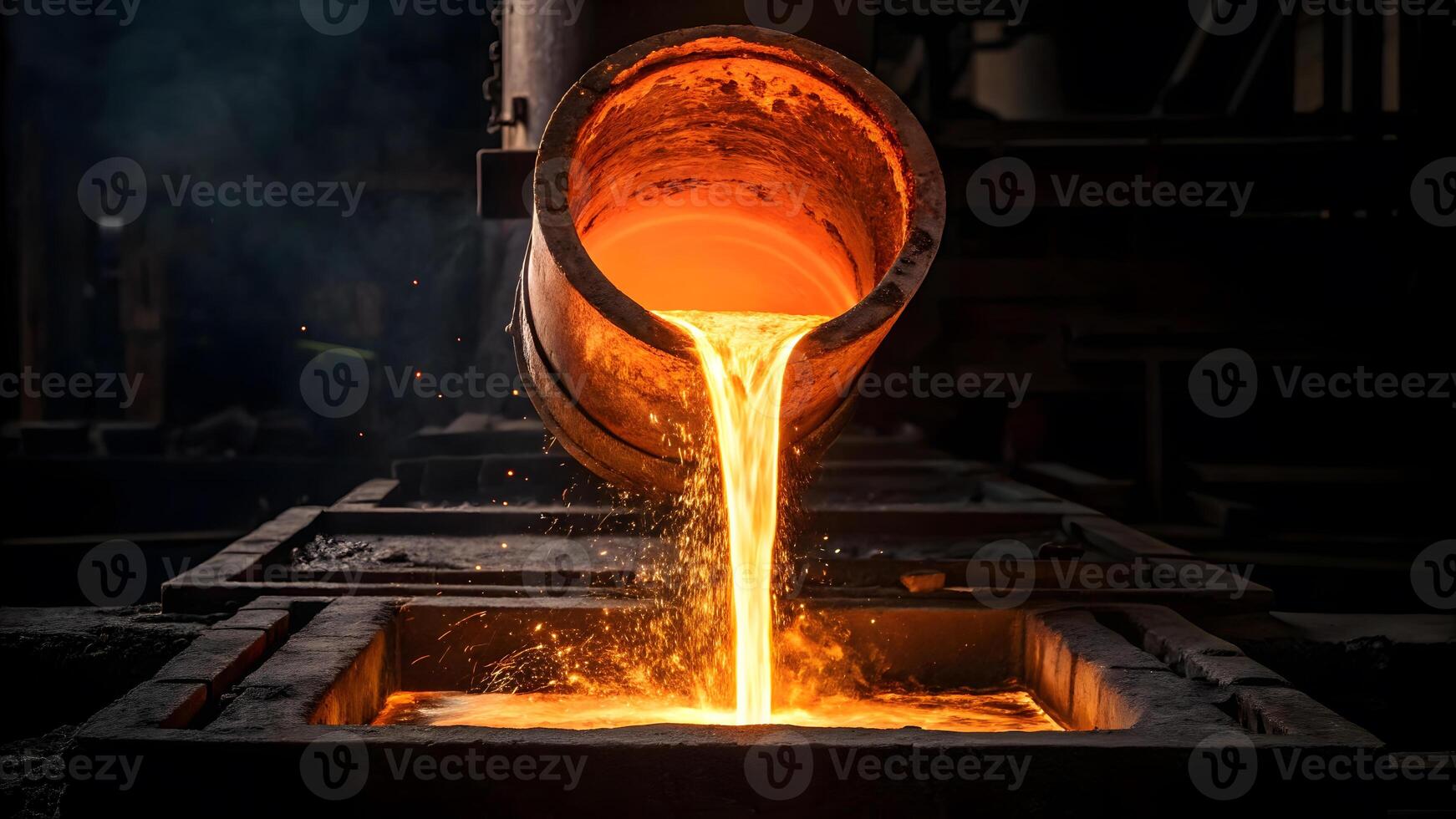 Molten metal being poured into a casting mold in industrial setting at night photo