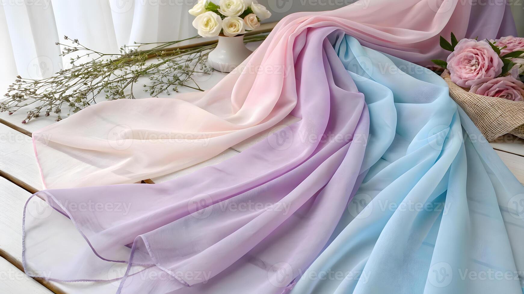 Soft pastel fabrics arranged with flowers on a rustic table photo