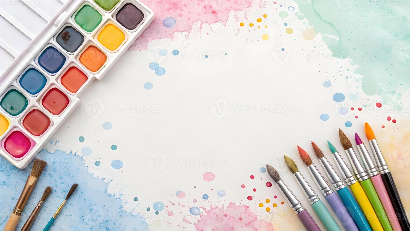 Colorful watercolor palette and brushes on white paper background photo