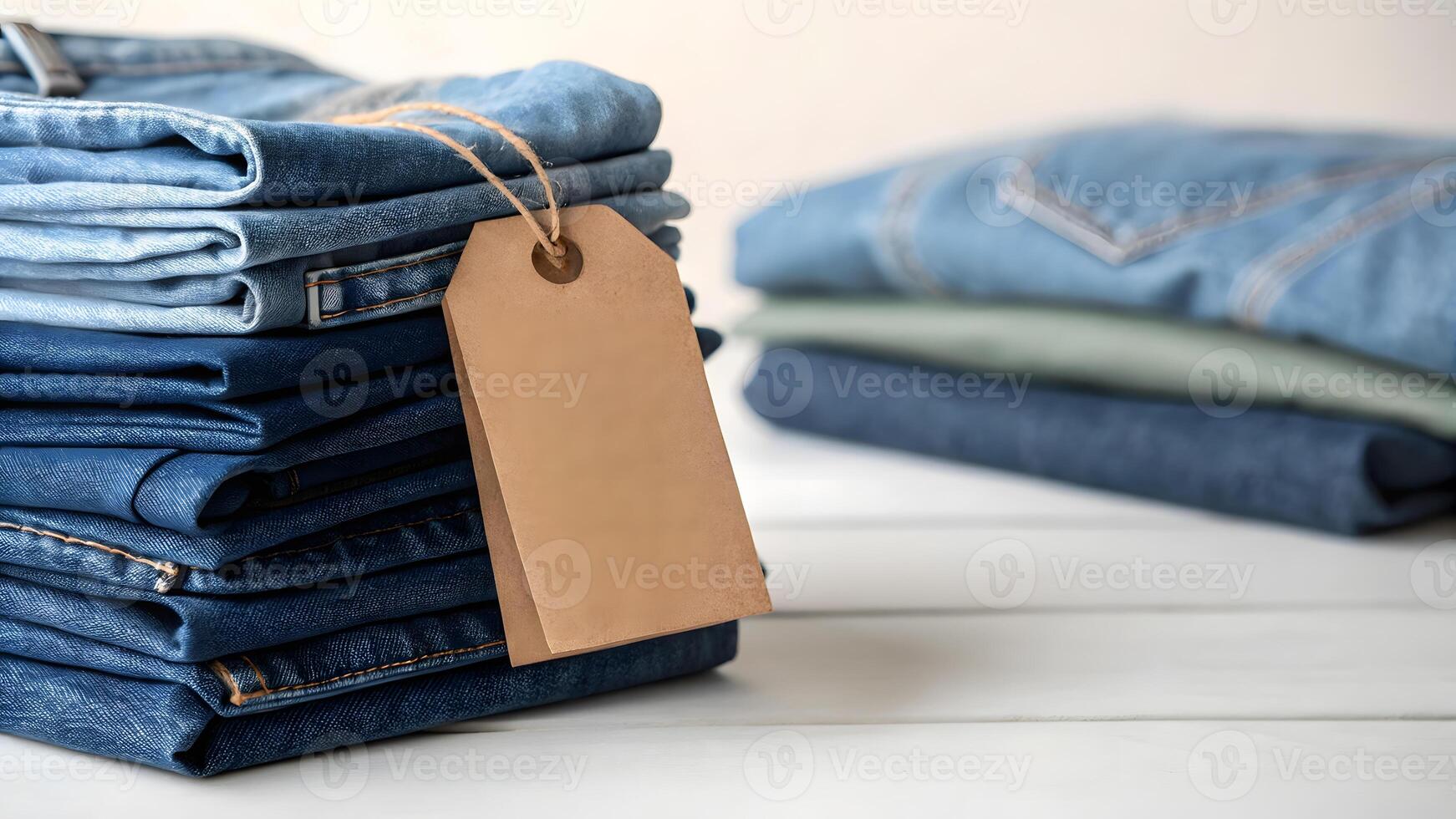 Denim jeans stacked neatly with a blank tag for pricing in a retail setting photo
