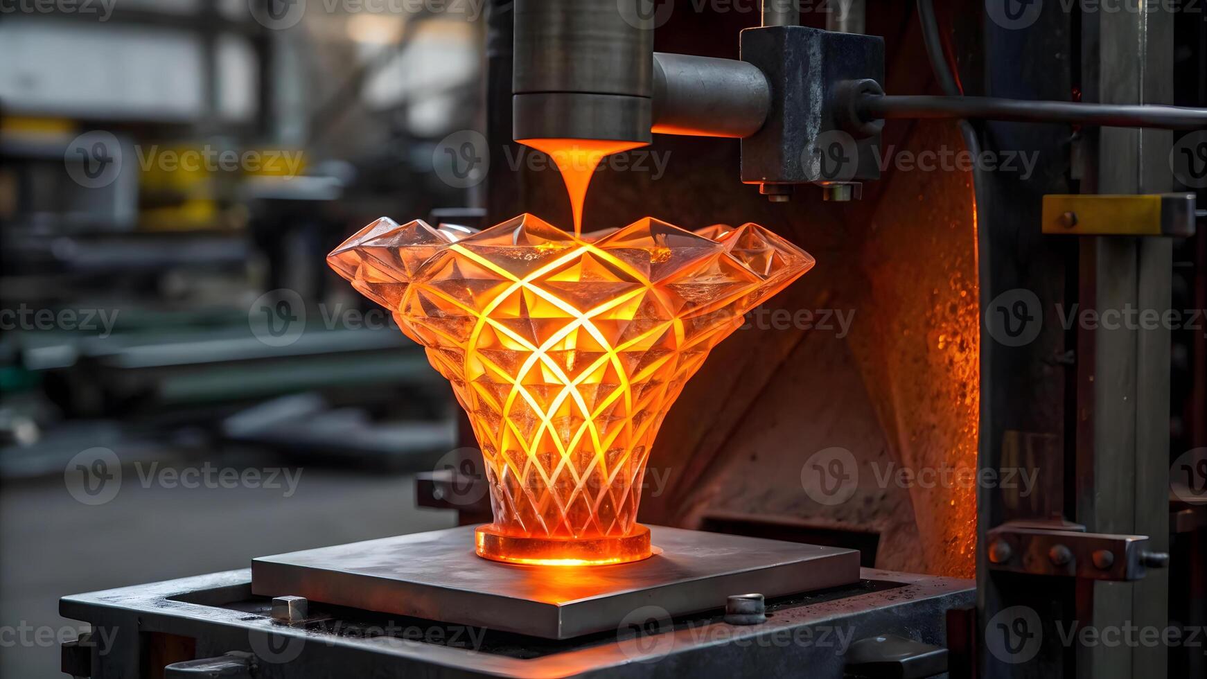Glass bowl being crafted with molten material in industrial workshop photo