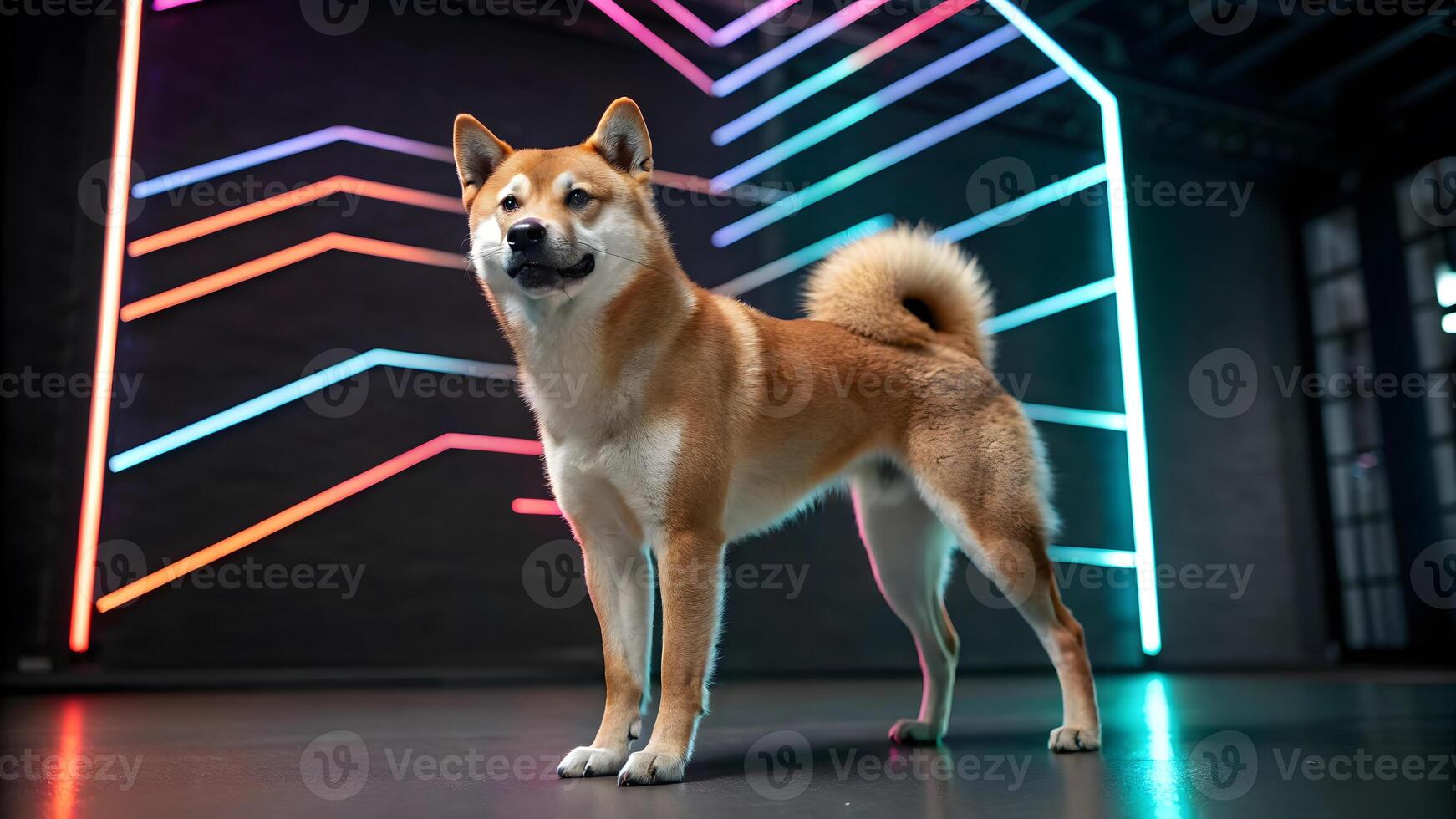 Shiba Inu stands proudly in a vibrant neon-lit urban studio setting photo