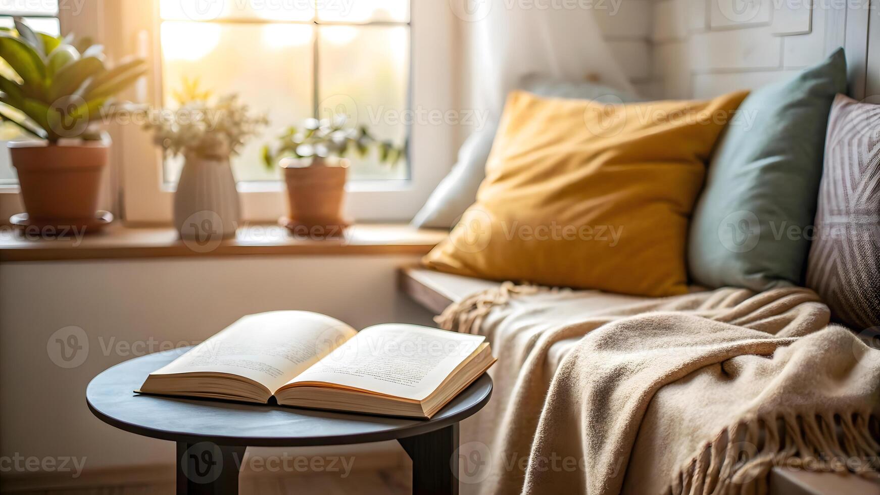 Cozy reading corner with sunlight illuminating the open book and cushions photo
