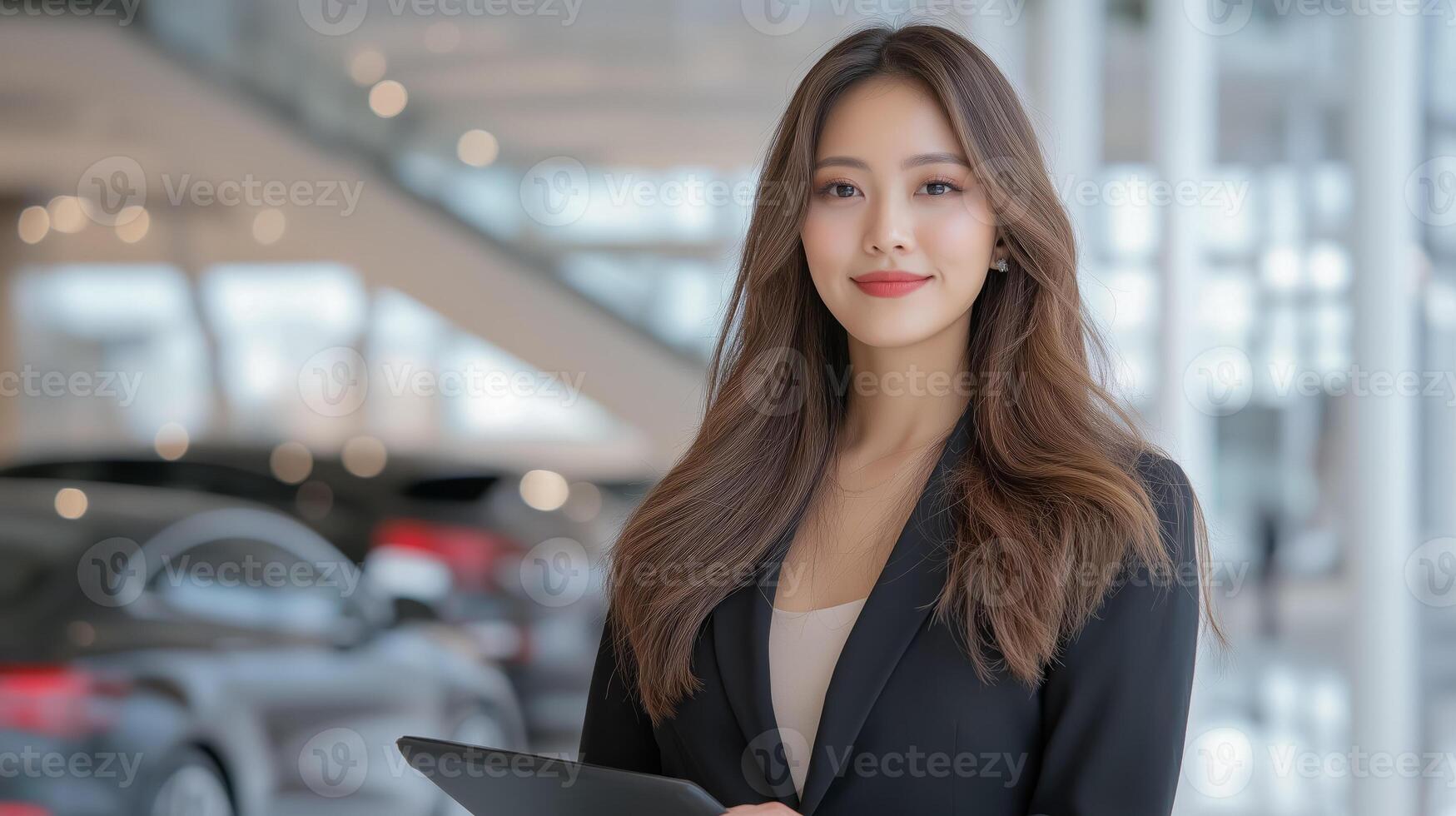 Asian girl seller stands with crossed arms in car showroom against background of car. Concept of professionalism, customer service and car sales. photo