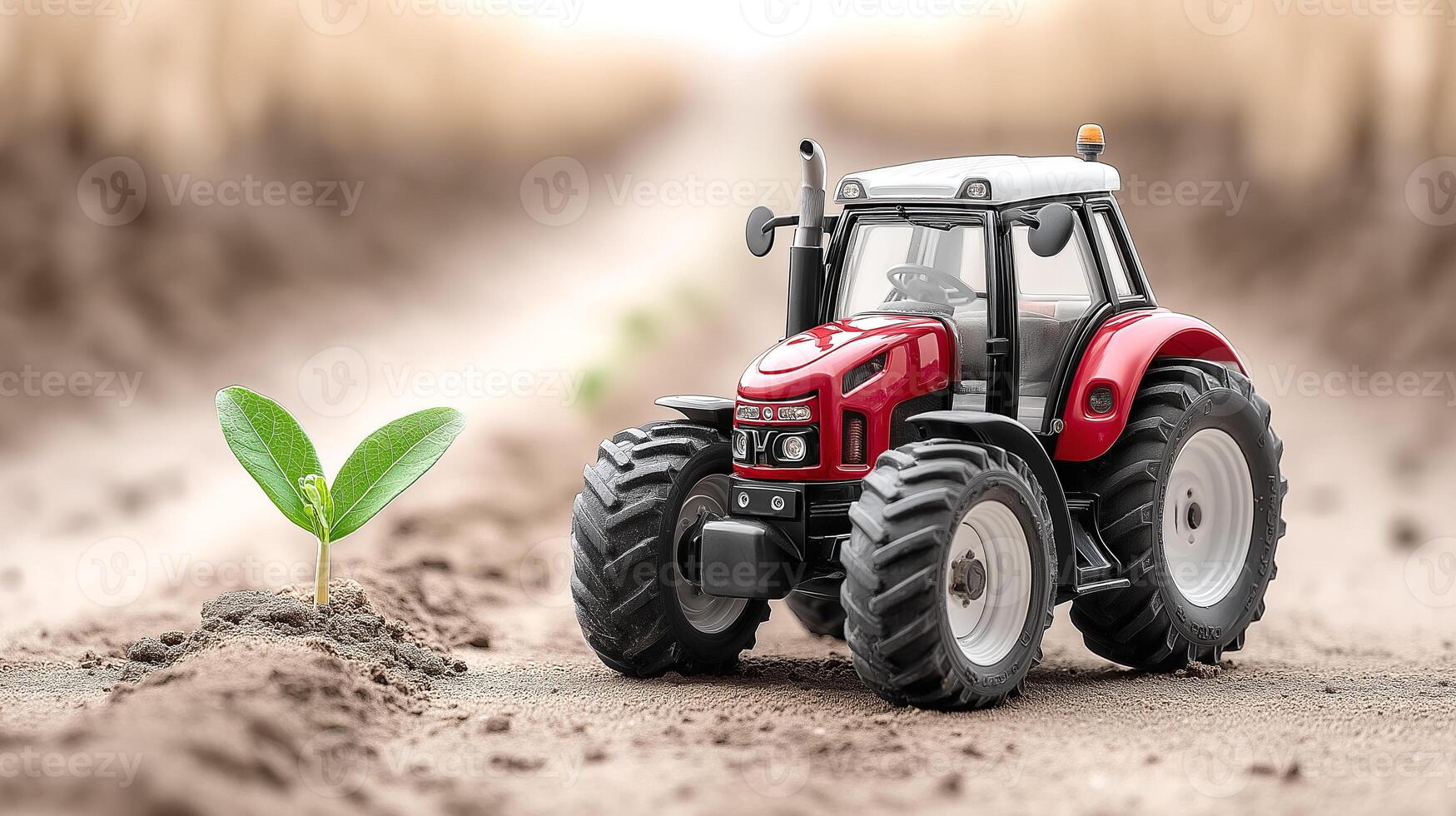 tractor stands next to a young seedling on the ground. The concept of children's play, agriculture, ecology and the growth of a new plant. photo