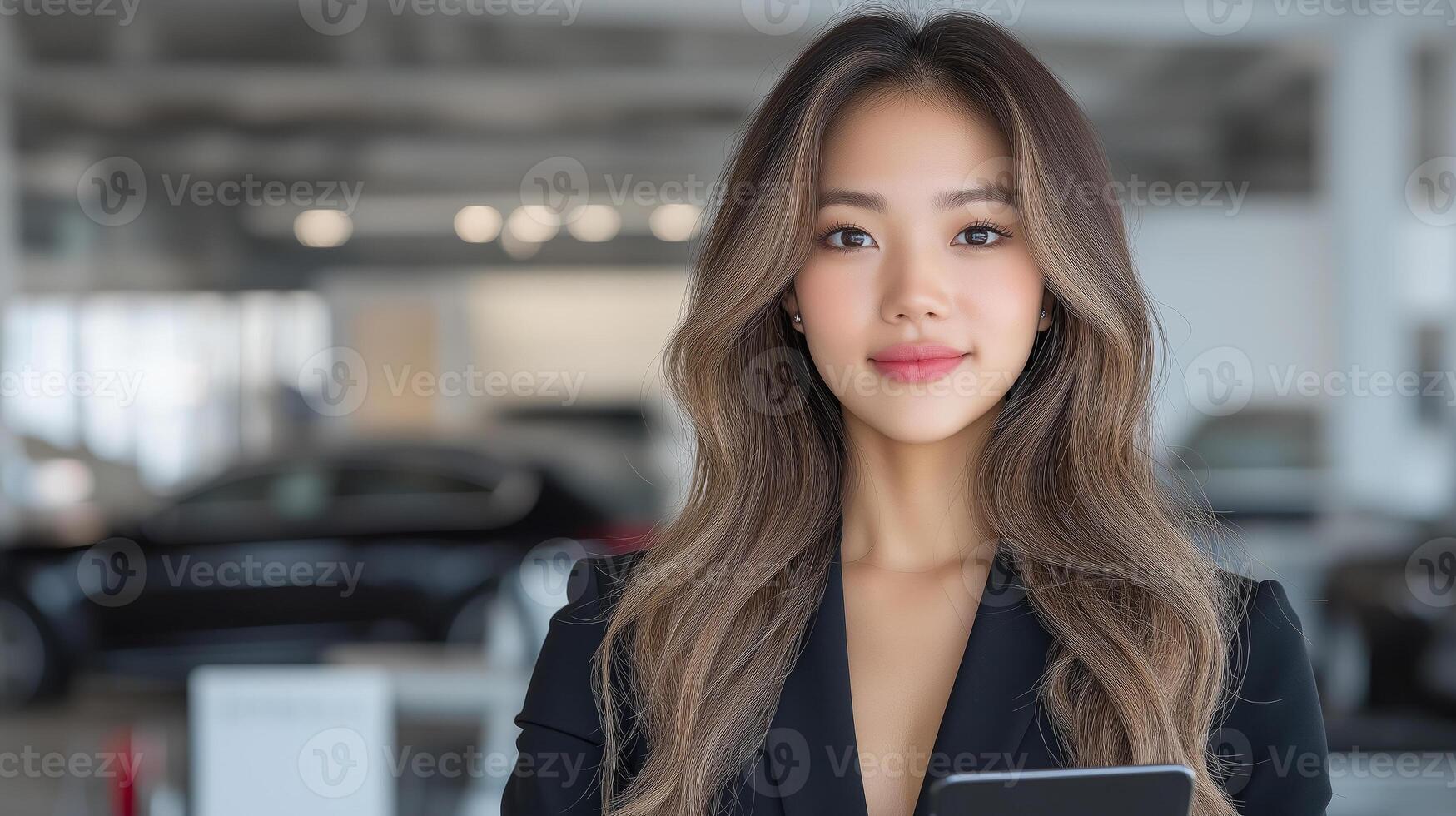 Portrait of Asian confident girl seller standing with tablet in hands in car showroom against background of car. Concept of professionalism, customer service and car sales photo