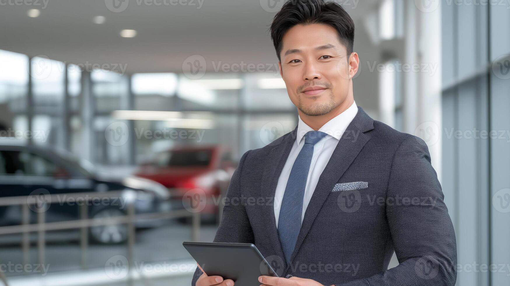 Man in a business suit holds a tablet against the background of cars in a car dealership. Professional and confident image suitable for business, technology and auto sales topics. photo