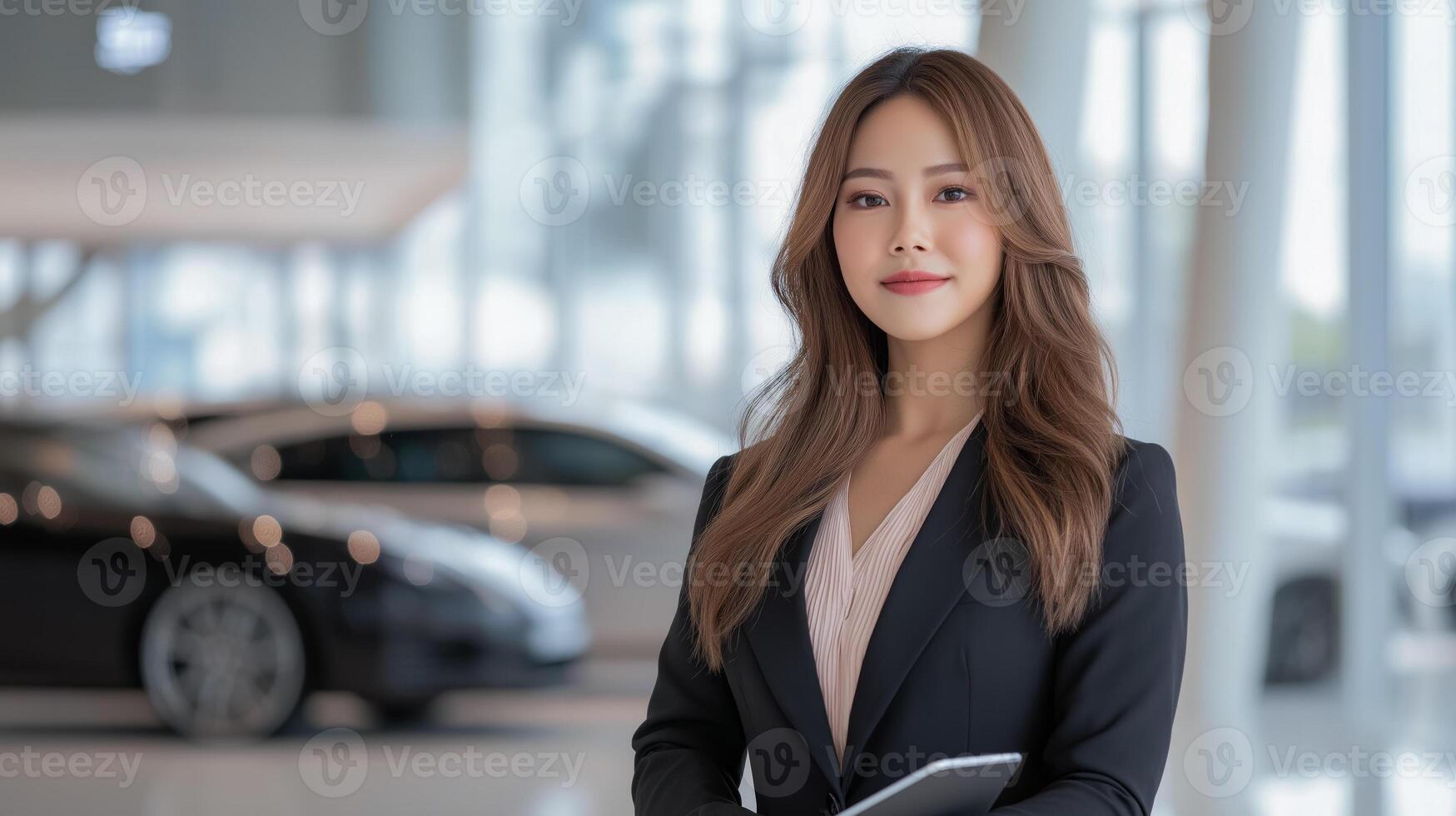 Portrait of Asian girl seller standing with tablet in hands in car showroom against background of car. Concept of professionalism, customer service and car sales. photo