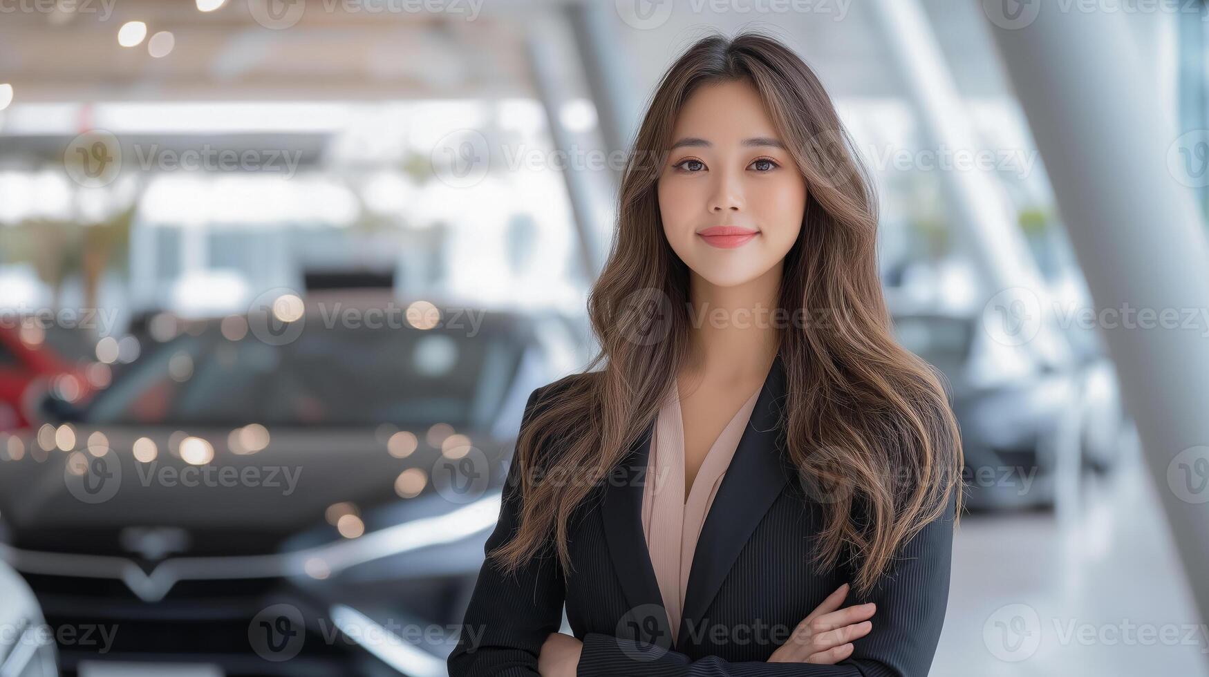 Confident Asianseller stands with crossed arms in car showroom against background of car. Concept of professionalism, customer service and car sales. photo