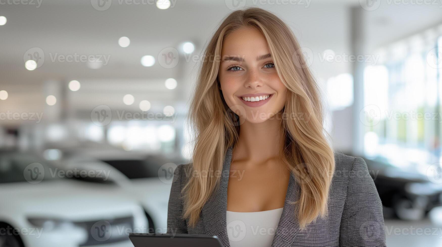 Woman in a business suit holds a tablet against the background of cars in a car dealership. Professional and confident image suitable for business, technology and auto sales themes photo