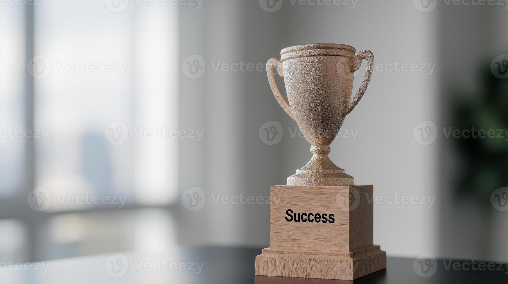 Gold trophy with the word Success engraved on the plaque symbolizing achievement and victory emphasizing the concept of achievement. photo