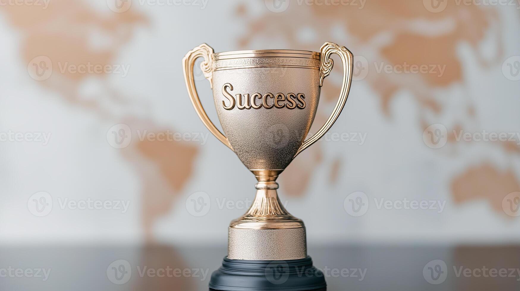 trophy with the word Success engraved on a plaque symbolizing achievement and victory. It is prominently displayed on a light colored surface depicting a world map, emphasizing photo