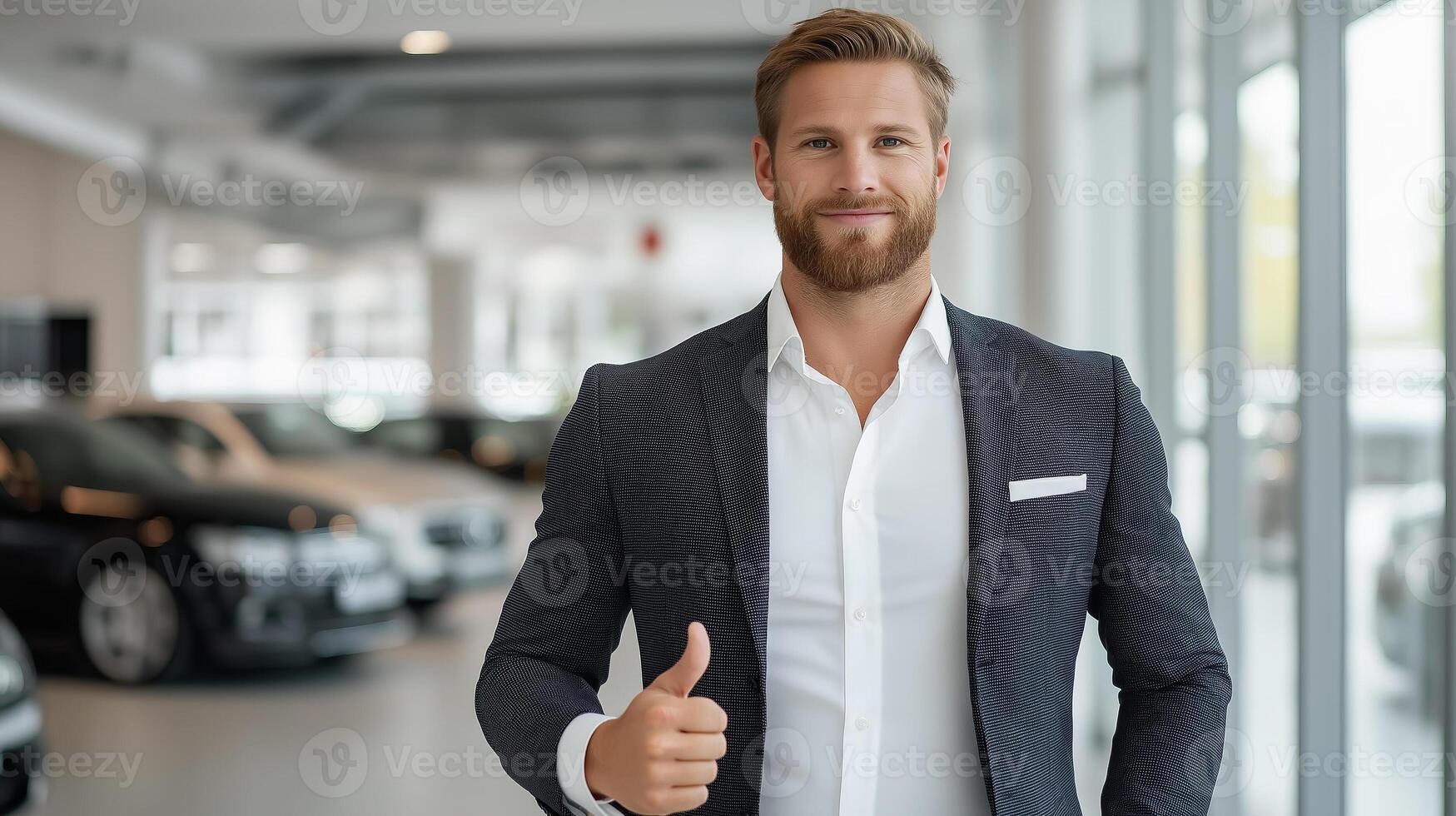 Man in business suit giving thumbs up gesture with cars in showroom in background. Confident and professional image, perfect for business, success and car sales. photo