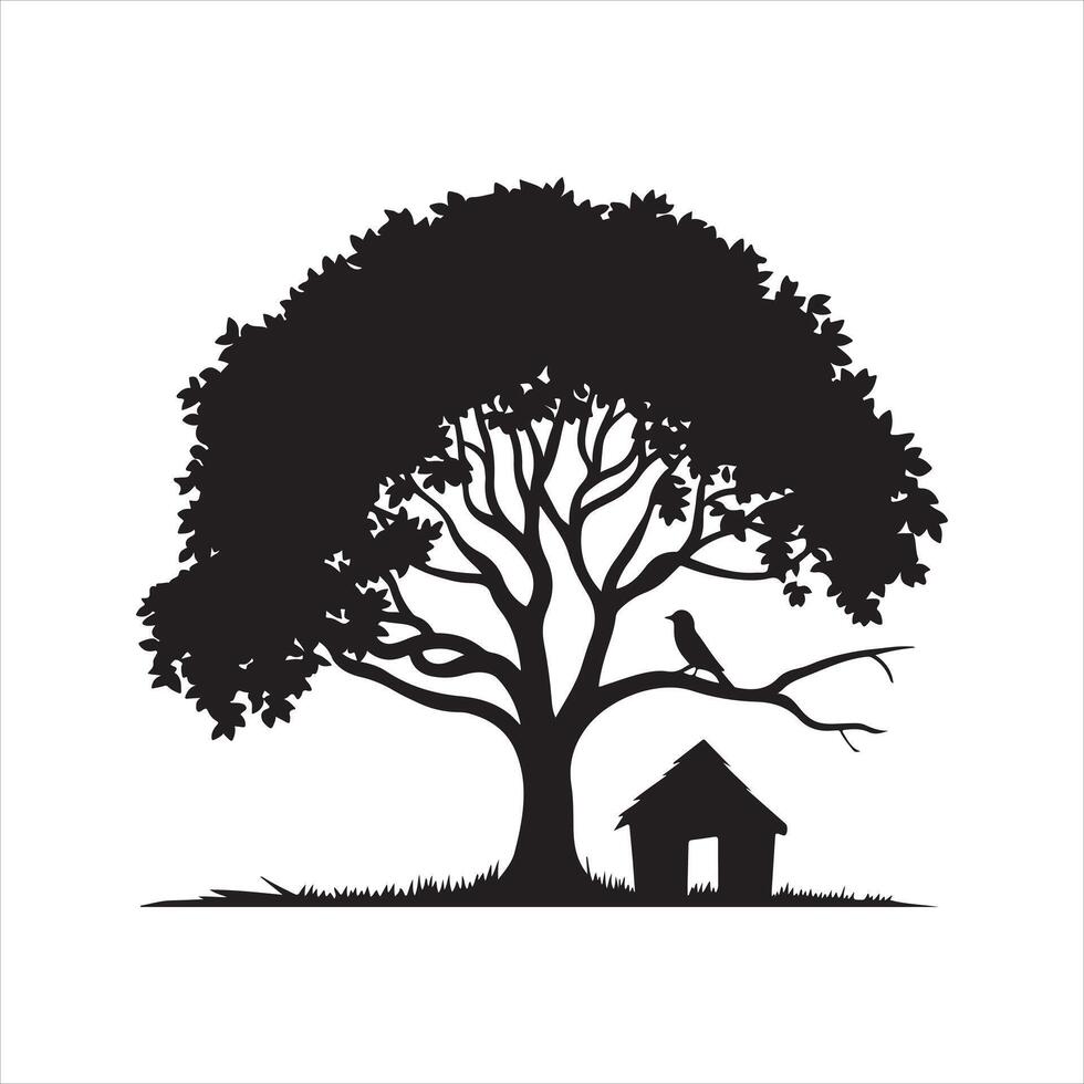 tree silhouette with bird on top of tree and house vector