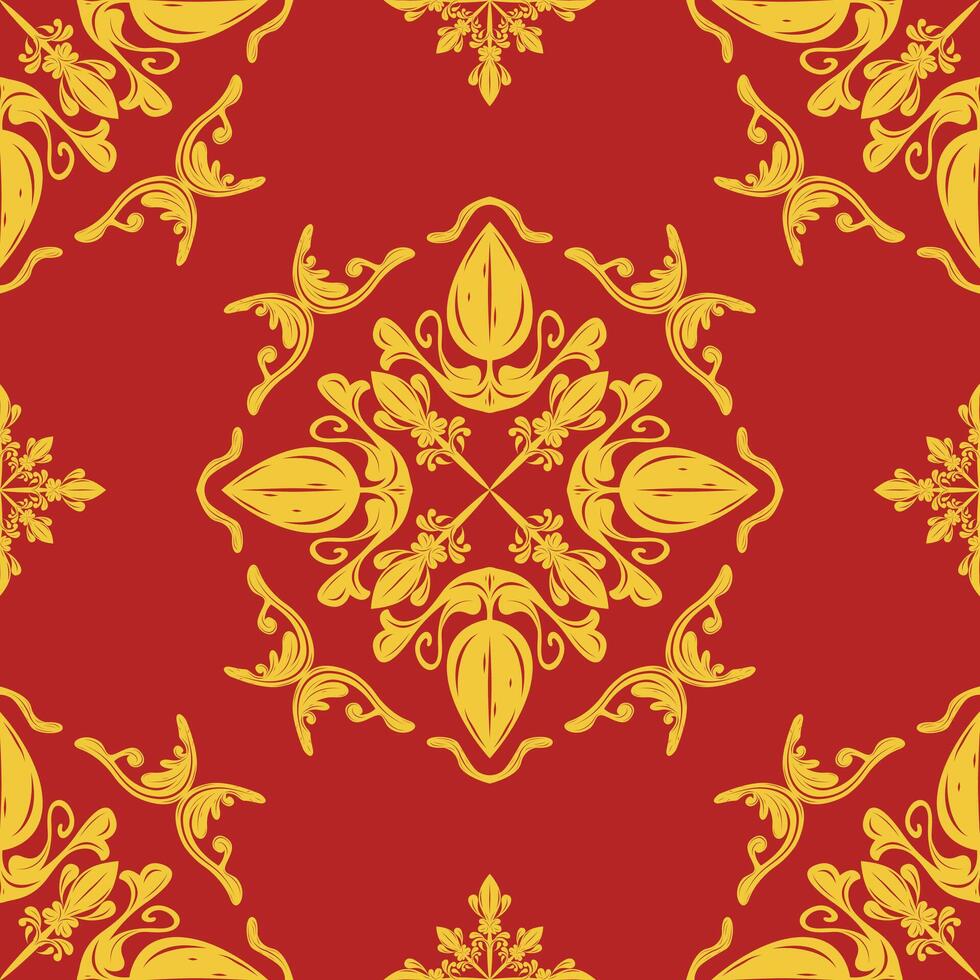 Elegance Baroque Style with Royal Gold Filigree Repeat Seamless Pattern on Red Background. Delicate Exquisite Elaborate Motif Florals Scroll Ornament for Luxury Decoration Wallpaper Textiles Texture vector