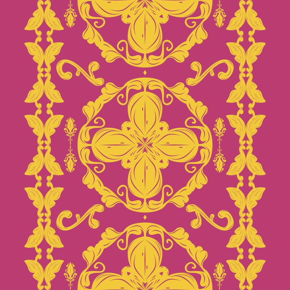 Artistic Royal Gold Florals Leaves Luxury Garden Elaborate Detailed Colorful Pink Background Rich Pattern. Flourish Filigree Scroll Ornament Oriental Design for Fabrics Handicraft Silk Apparel Border vector