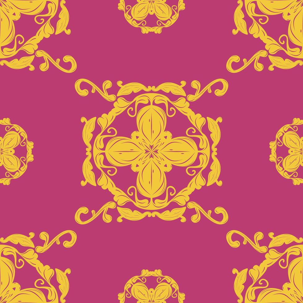 Golden Pink Aura Florals Seamless Repeat Pattern. Delicate Flourish Doodle Flowers Medieval Baroque Rococo Design. Opulence Rich Brocade Embroidery Scroll Ornament for Rich Textiles Tiles Ceramic Lace vector