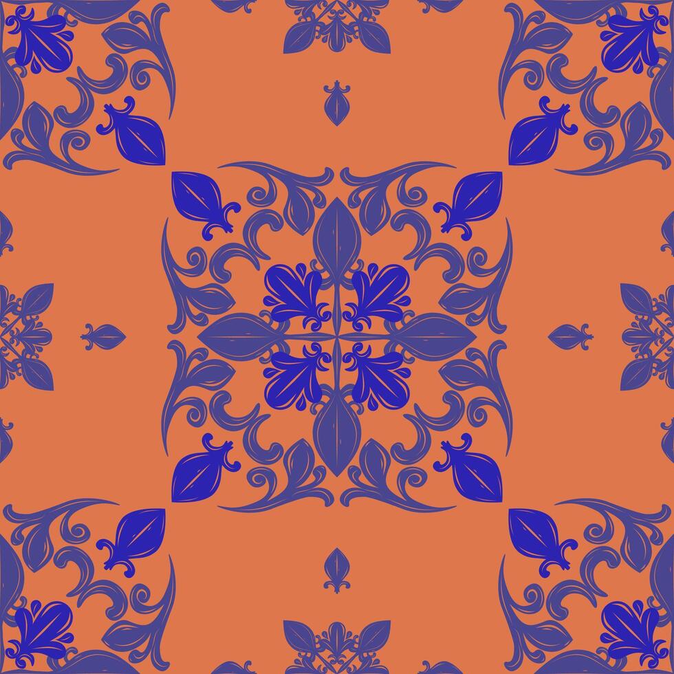 Repeat Exotic Baroque Pattern with Florals Motif Scroll Ornament on Blunt Orange Background. Contrast Color Botanical Design Pattern for Luxury Royal Classy Work Wallpaper Textiles Fabrics Scarf Tiles vector