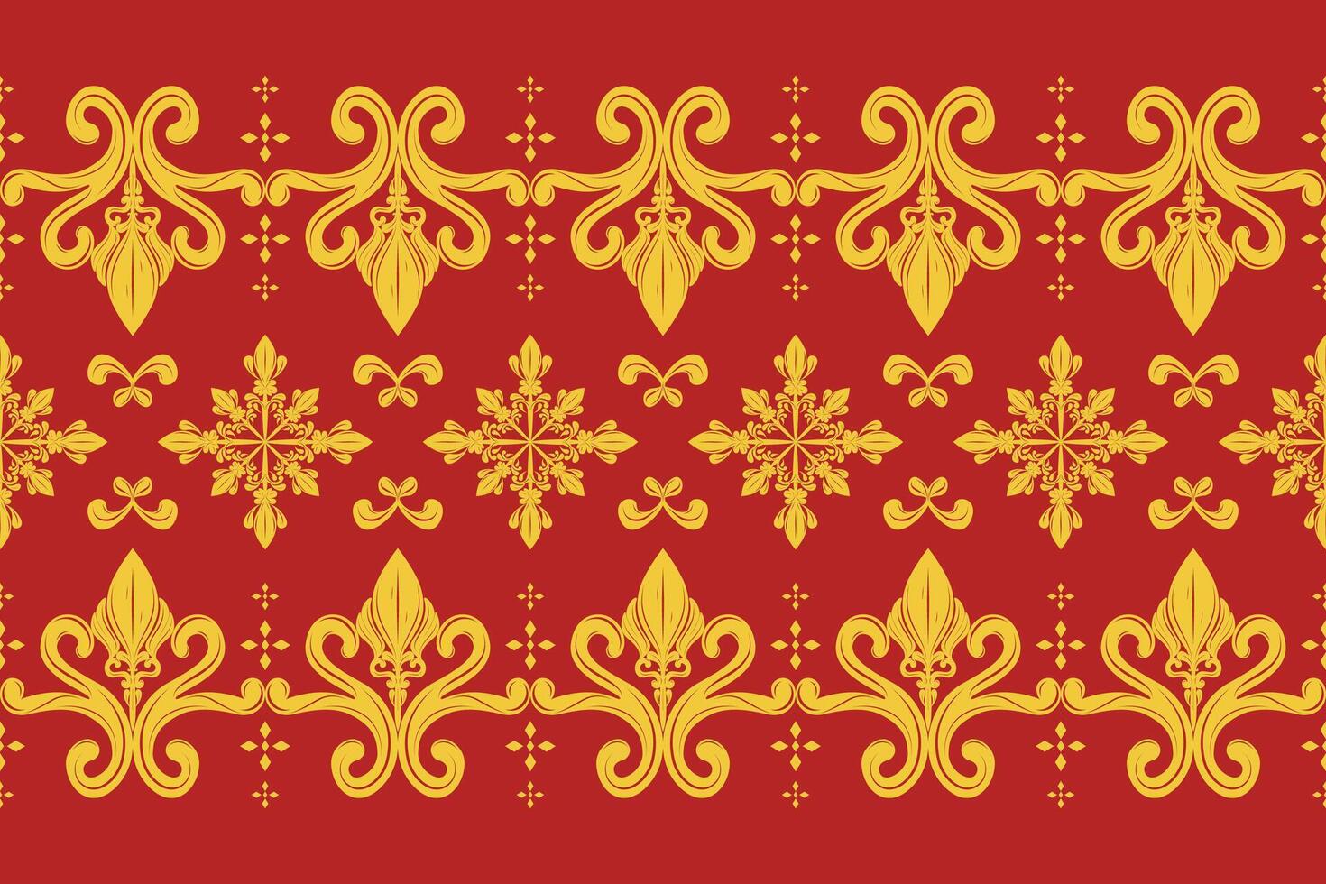 Classy Fine Damask Royal Gold Ornament Scroll Stripe Pattern on Red Background. Elaborate Wealth Honored Opulence Exquisite Element for Expensive Grand Decoration Wallpaper Border Interior Batik Lace vector