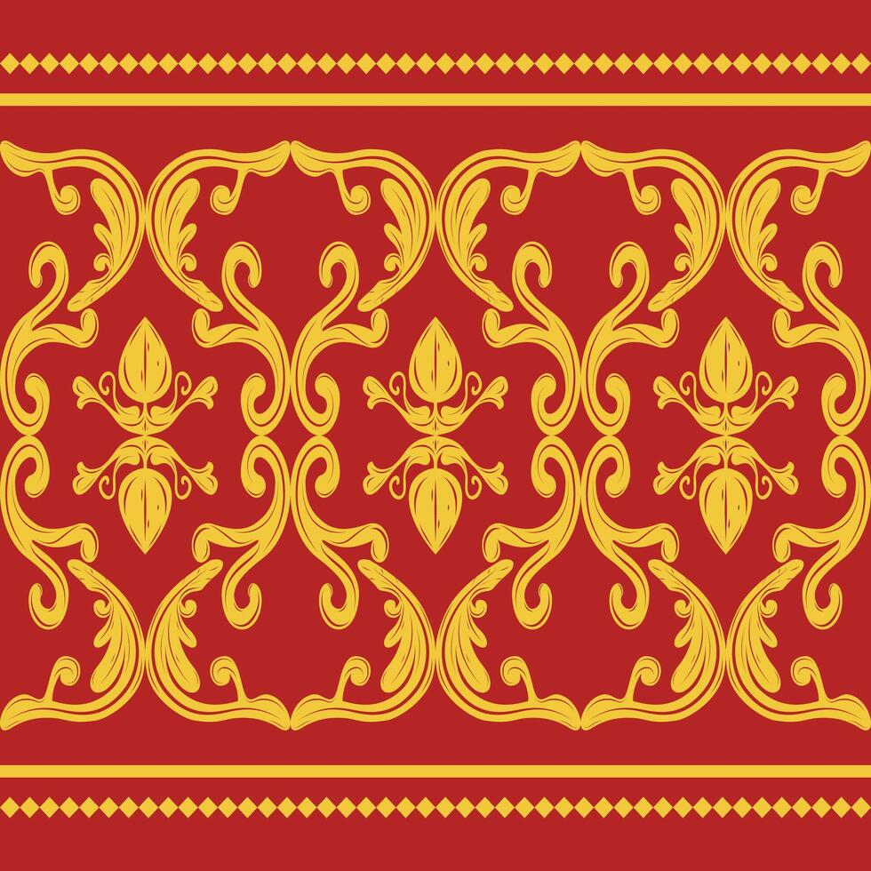 Classy Element Golden Buds Florals Leaves Nature Inspired Filigree on Red Background. Haute Couture Elaborate Neatly Rich Pattern for Luxury Design Tiles Ceramic Neck Shirt Wallpaper Border Embroidery vector