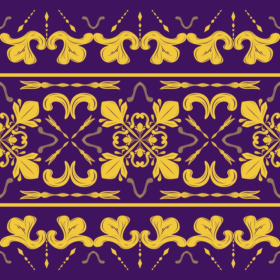 Detailed Delicate Batik Golden Florals Stipe Pattern on Purple Violet Background. Seamless Luxury Border Scroll Curly Ornament Medieval Flourish Design for Apparel Bandana Scarf Silk Textiles Attire vector