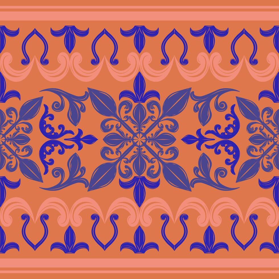 Elaborate Ethnic Border Luxury Contrast Scroll Ornament Curly Deep Blue on Orange Brick Background. Intricate Elegance Pattern Grand Design for Decoration Silk Weaves Tiles Ceramics Fabrics Textiles vector