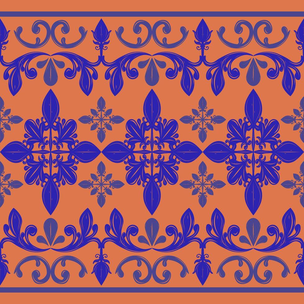 Delicate Luxury Scroll Florals Buds Wines Botanical Theme with Blue Contrast on Blunt Orange Background. Baroque Curly Seamless Pattern for Rich Decoration Silk Interior Backdrop Wallpaper Border Lace vector