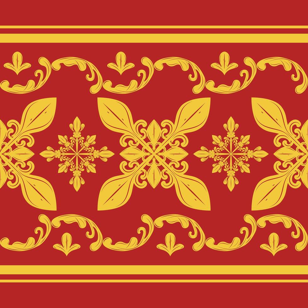 Damask Baroque Luxury Florals With Curly Scroll Ornament on Red Background. Delicate Royal Pattern for Silk Cross Filigree Embroidery Patch Work for Rich Decoration Silk Fabrics Wallpaper Lace Border vector