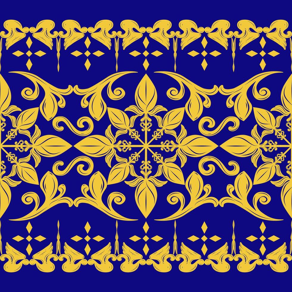 Florals Exquisite With Royal Gold Filigree Silk Weaves Pattern on Blue Background. Luxury Beautiful Garden Stripe Border Scroll Ornament For Wallpaper Tiles Ceramic Textiles Texture Backdrop Scarf Rug vector