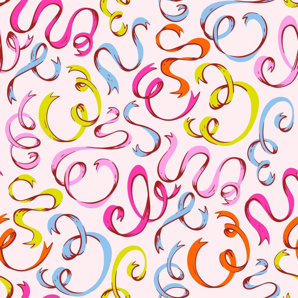 Playful Colorful Ribbon Seamless Pattern. Vibrant Hand-Drawn Doodle Curls in Bold Colors. Fun Kids Design Perfect for Invitations, Wrapping Paper, Fashion Prints, Cheerful Creative Projects. vector