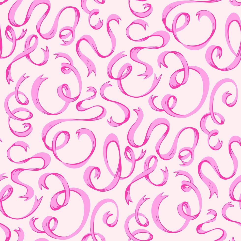 Coquette Pink Ribbon Swirls Seamless Pattern. Whimsical Hand-Drawn Curls in Soft Rosy Tones. Feminine and Flirty Background Perfect for Valentine's Day, Stationery, Gift Wrap, Romantic Designs. vector