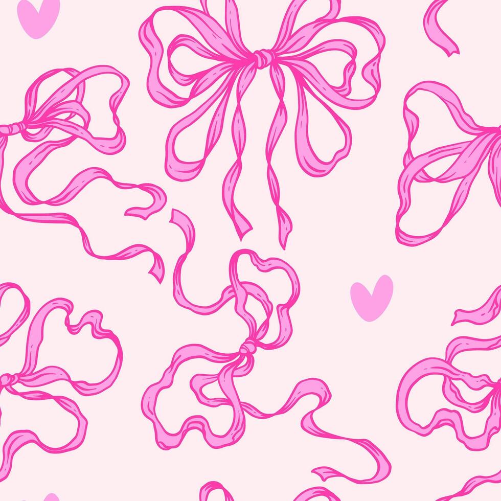 Rococo Ribbon Bow Seamless Pattern. Hand-Drawn Soft and Feminine Pink Background with Hearts. Romantic, Coquette Design. Perfect for a Lovely and Whimsical Valentines Day Background vector