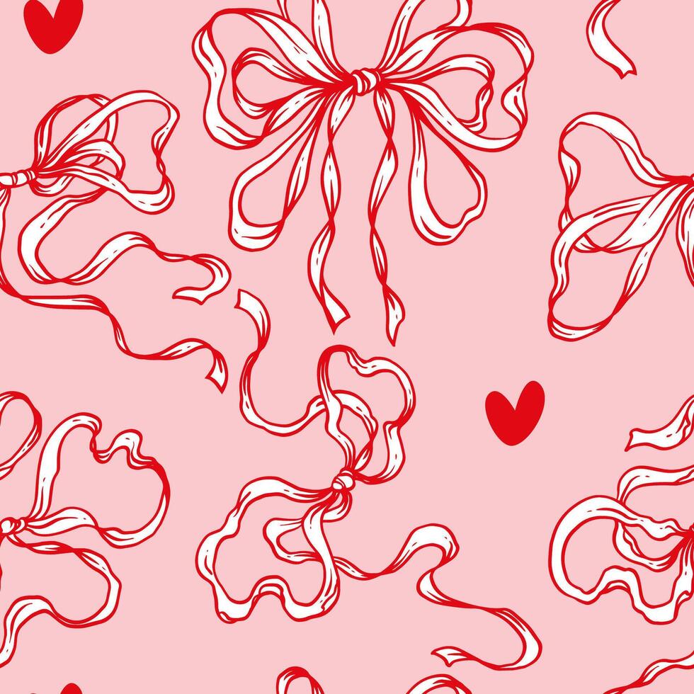 Rococo Ribbon Bow Seamless Pattern. Hand-Drawn Soft and Feminine Pink Background with Hearts. Romantic, Coquette Design. Perfect for a Lovely and Whimsical Valentines Day vector